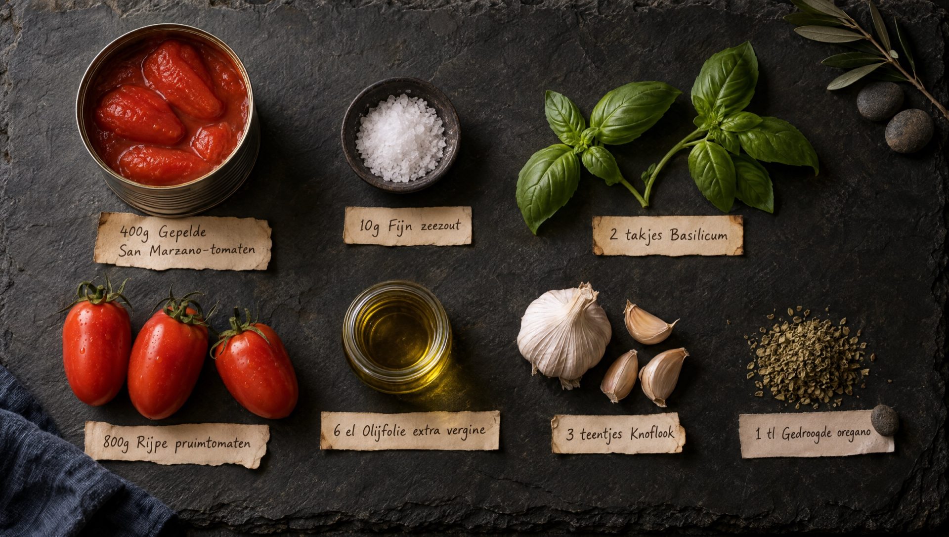 Ingrediënten voor pizzasaus maken: een open blik San Marzano-tomaten, fijn zeezout, basilicum en olijfolie extra vergine