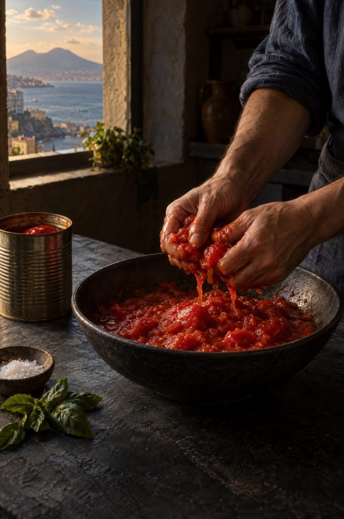Pizzasaus maken: handen van de kok knijpen San Marzano-tomaten fijn in een kom, met door het raam de Vesuvius