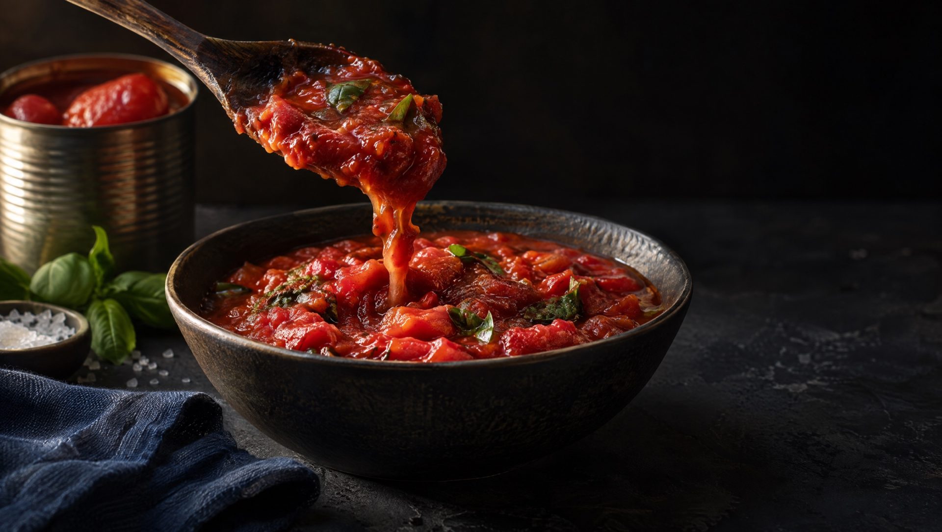 Kom rauwe pizzasaus van San Marzano-tomaten op een donkere tafel in Campanië, met basilicum, zeezout en een open blik