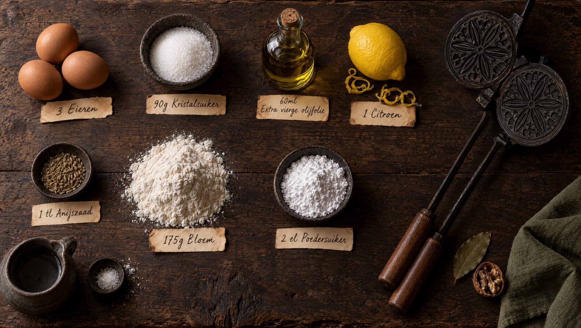 Ingrediënten voor pizzelle: eieren, bloem, suiker, poedersuiker, olijfolie, een citroen, anijszaad en een pizzelle-ijzer
