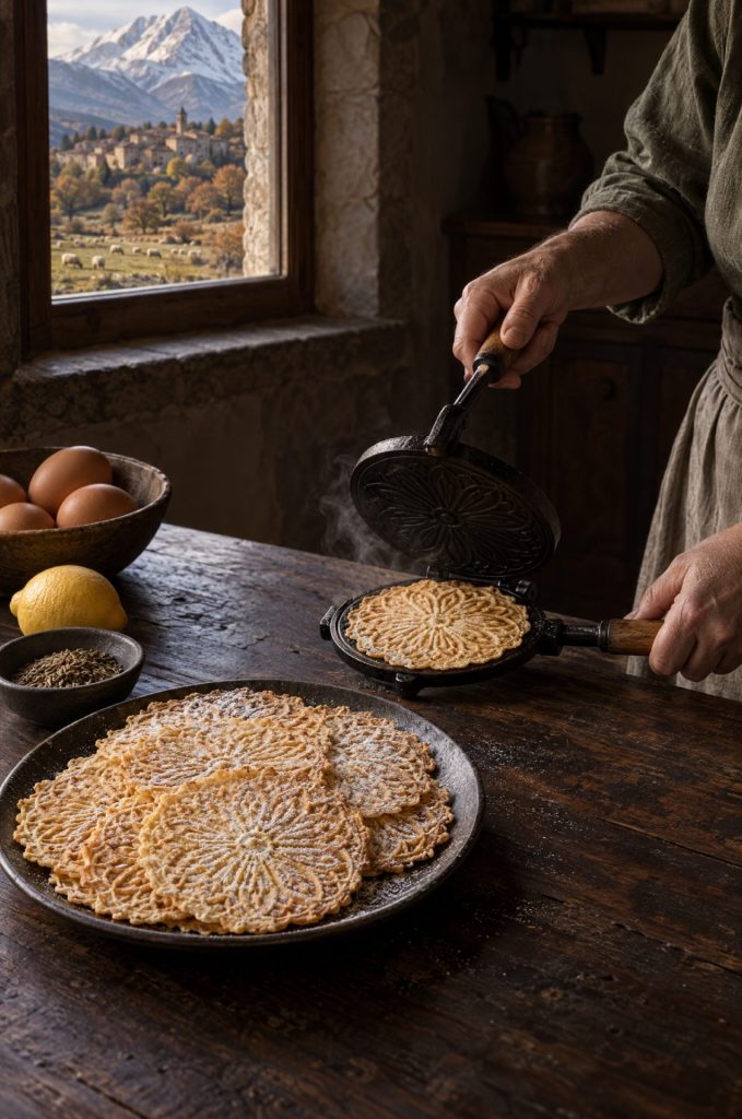 Handen van de kok openen een pizzelle-ijzer in een donkere keuken, bij het raam met uitzicht op de Gran Sasso
