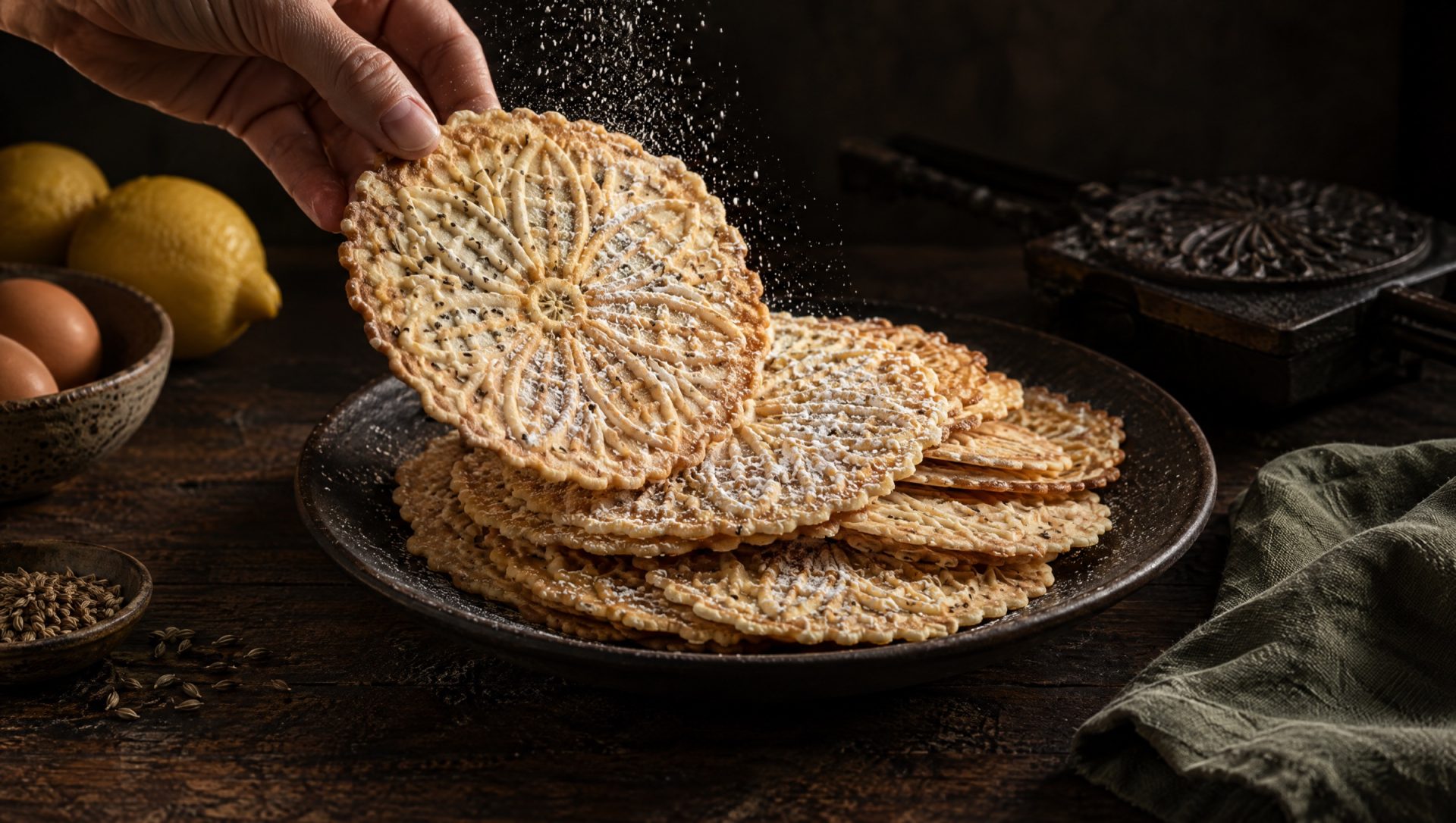 Pizzelle met poedersuiker op een donker bord in de Abruzzen, naast een pizzelle-ijzer, citroenen, eieren en anijszaad