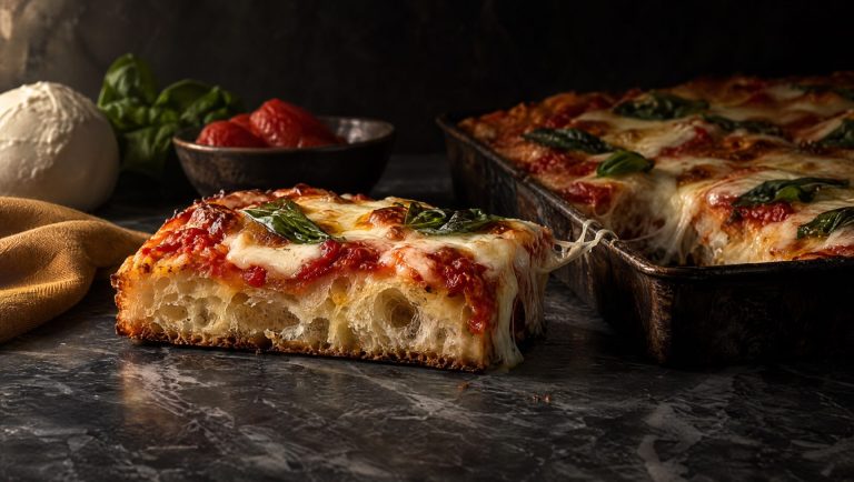 Plak plaatpizza met open kruim, tomaat, mozzarella en basilicum voor een donkere bakplaat