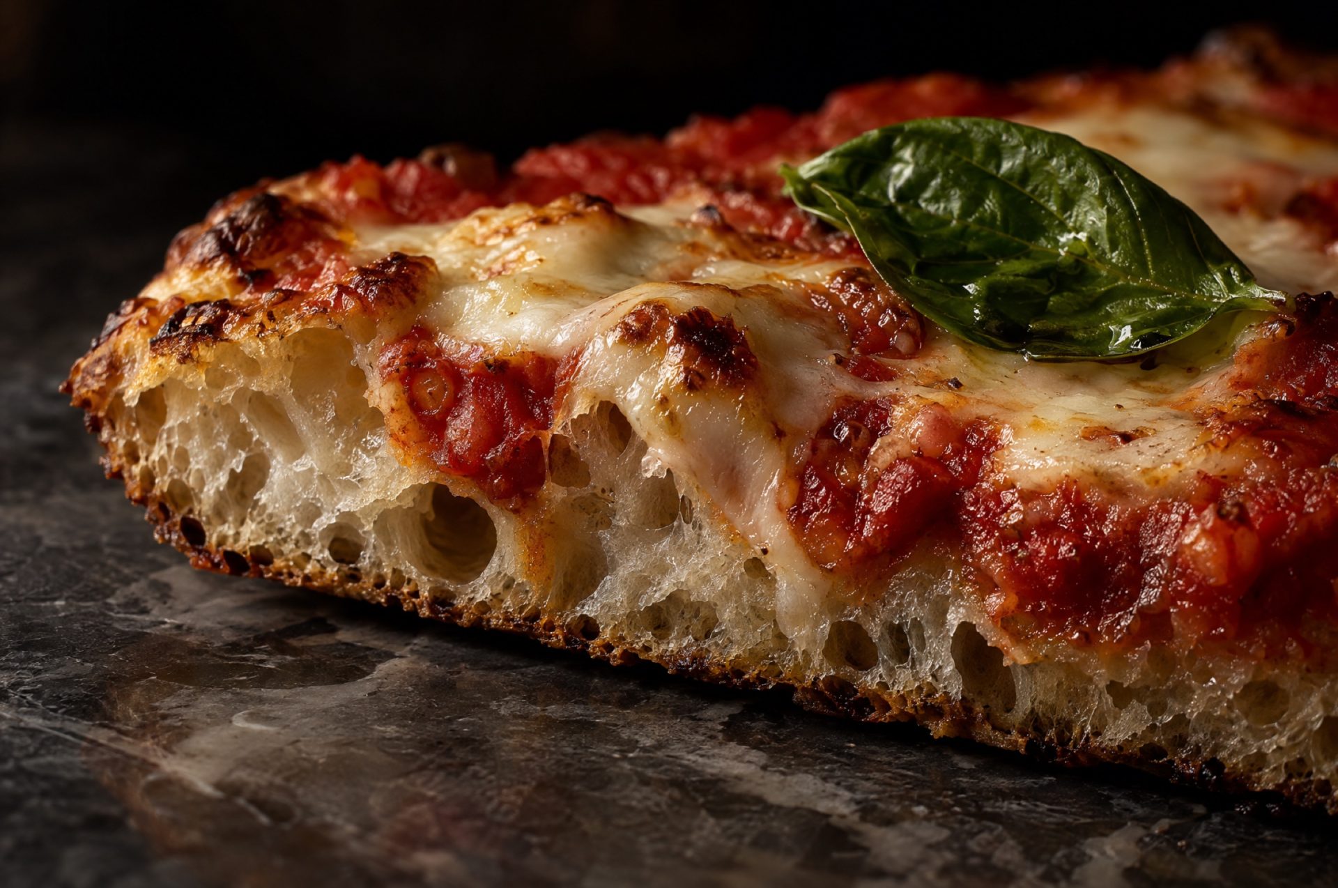 Close-up van een stuk plaatpizza met knapperige onderkant, open kruim, gesmolten mozzarella en basilicum