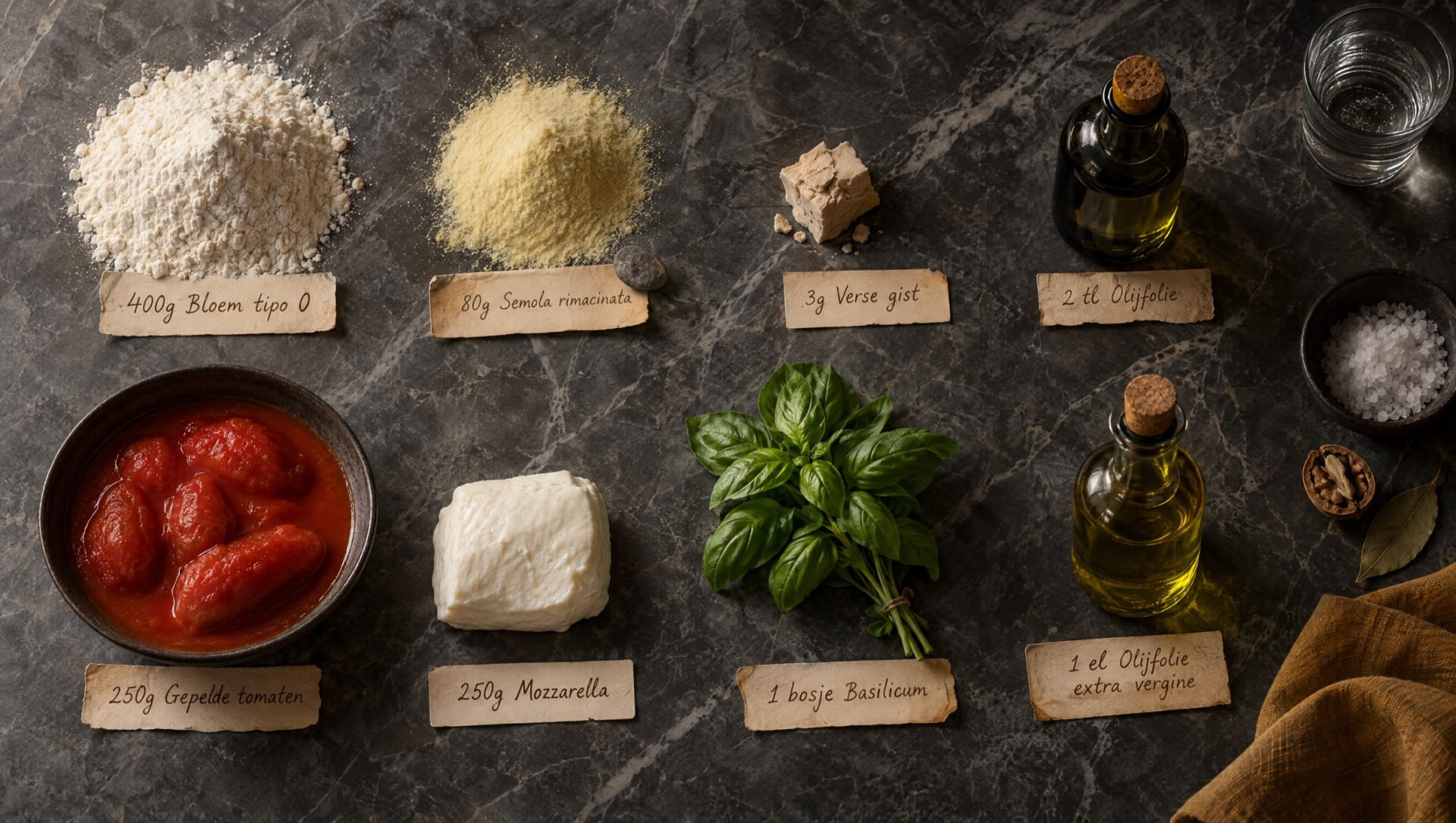 Ingrediënten voor plaatpizza: bloem, semola, gepelde tomaten, mozzarella, basilicum en olijfolie op een donker werkblad