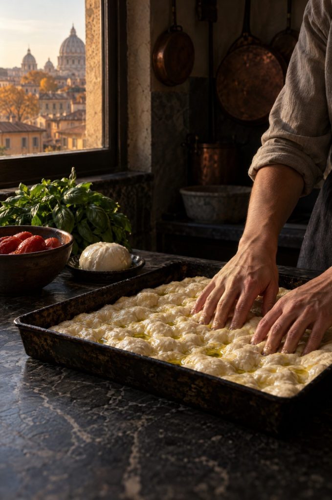 Handen van de kok drukken het plaatpizzadeeg in de bakplaat, donkere keuken met uitzicht op de daken van Rome