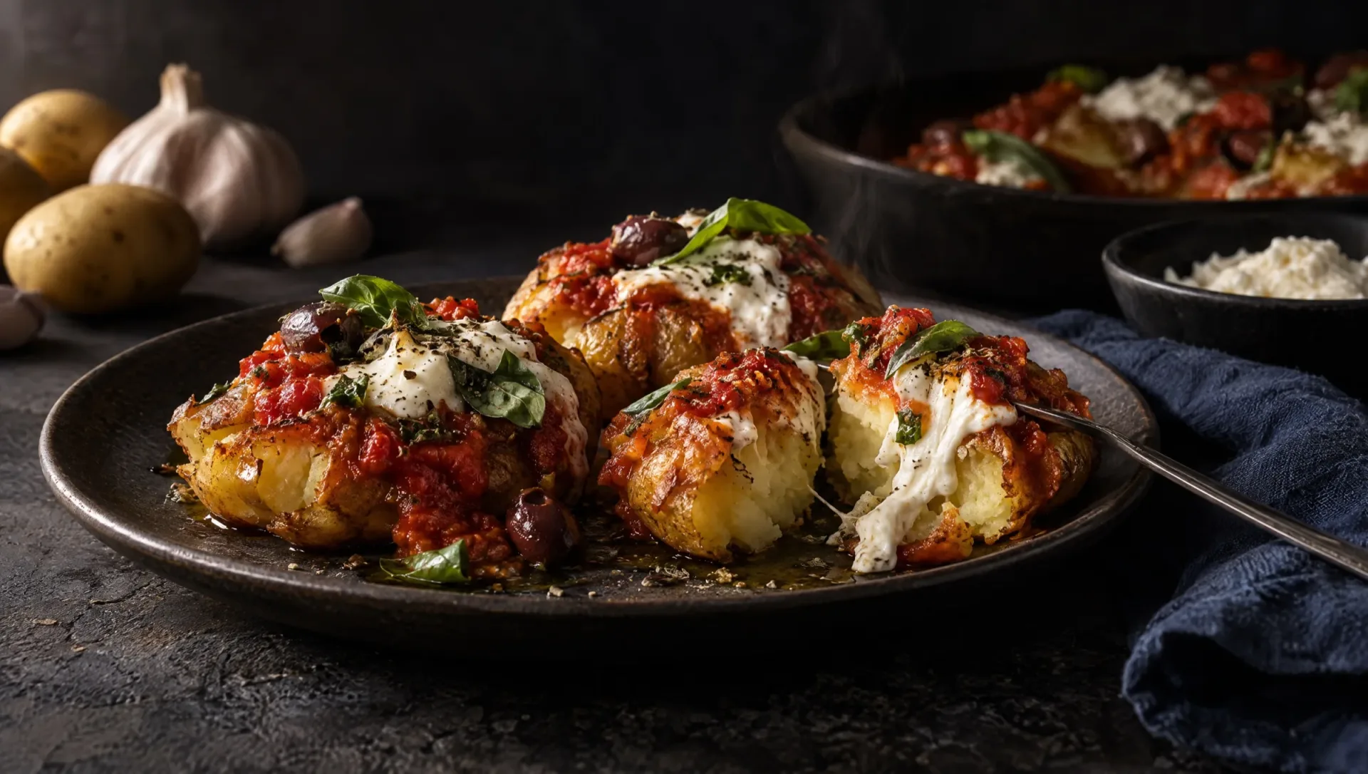 Platgedrukte aardappelen alla pizzaiola met stracciatella en olijven op een donker bord, met rauwe aardappelen en knoflook