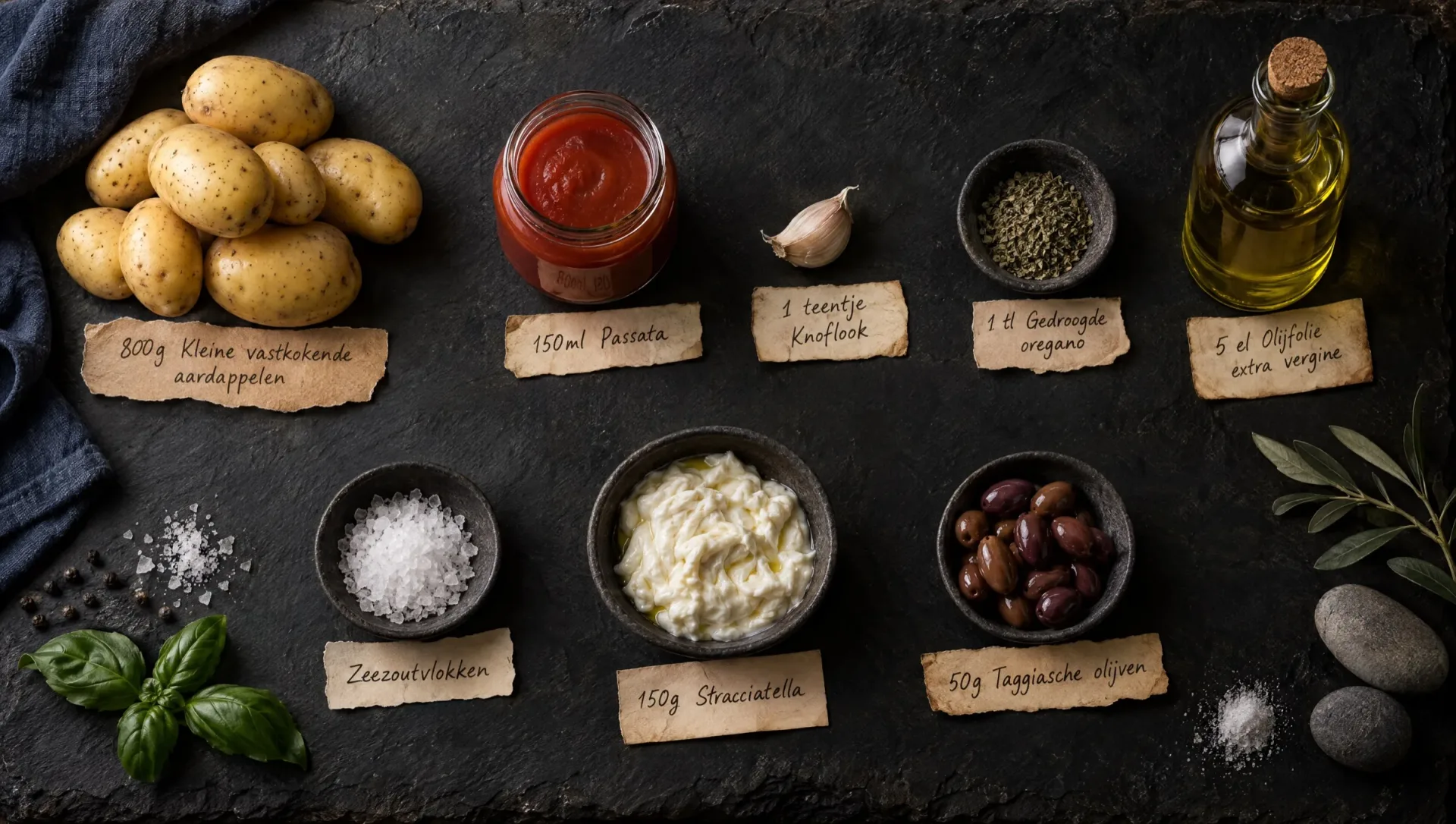 Ingrediënten voor platgedrukte aardappelen alla pizzaiola: krieltjes, passata, knoflook, oregano, stracciatella en olijven