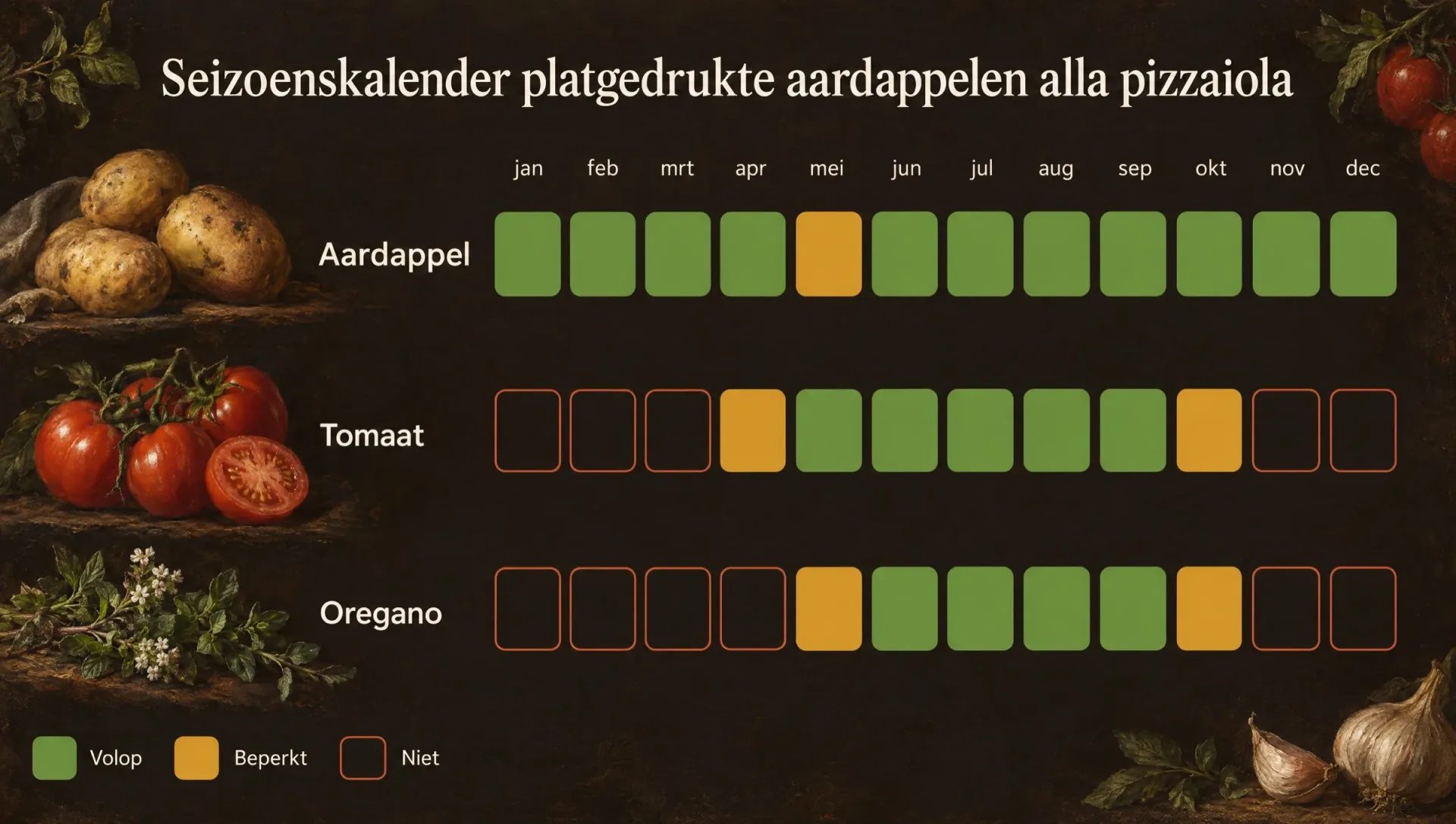 Seizoenskalender voor platgedrukte aardappelen alla pizzaiola met de oogstmaanden van aardappel, tomaat en oregano