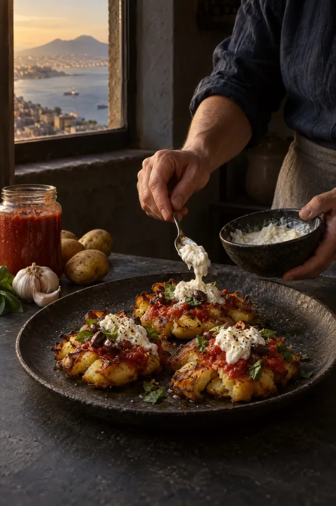 Handen van de kok leggen stracciatella op platgedrukte aardappelen alla pizzaiola in een donkere keuken bij de Vesuvius