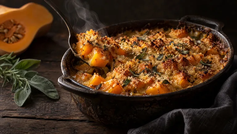 Pompoengratin in een ovenvaste pan op een donkere herfsttafel bij Mantova, met rauwe butternut, salie en rozemarijn