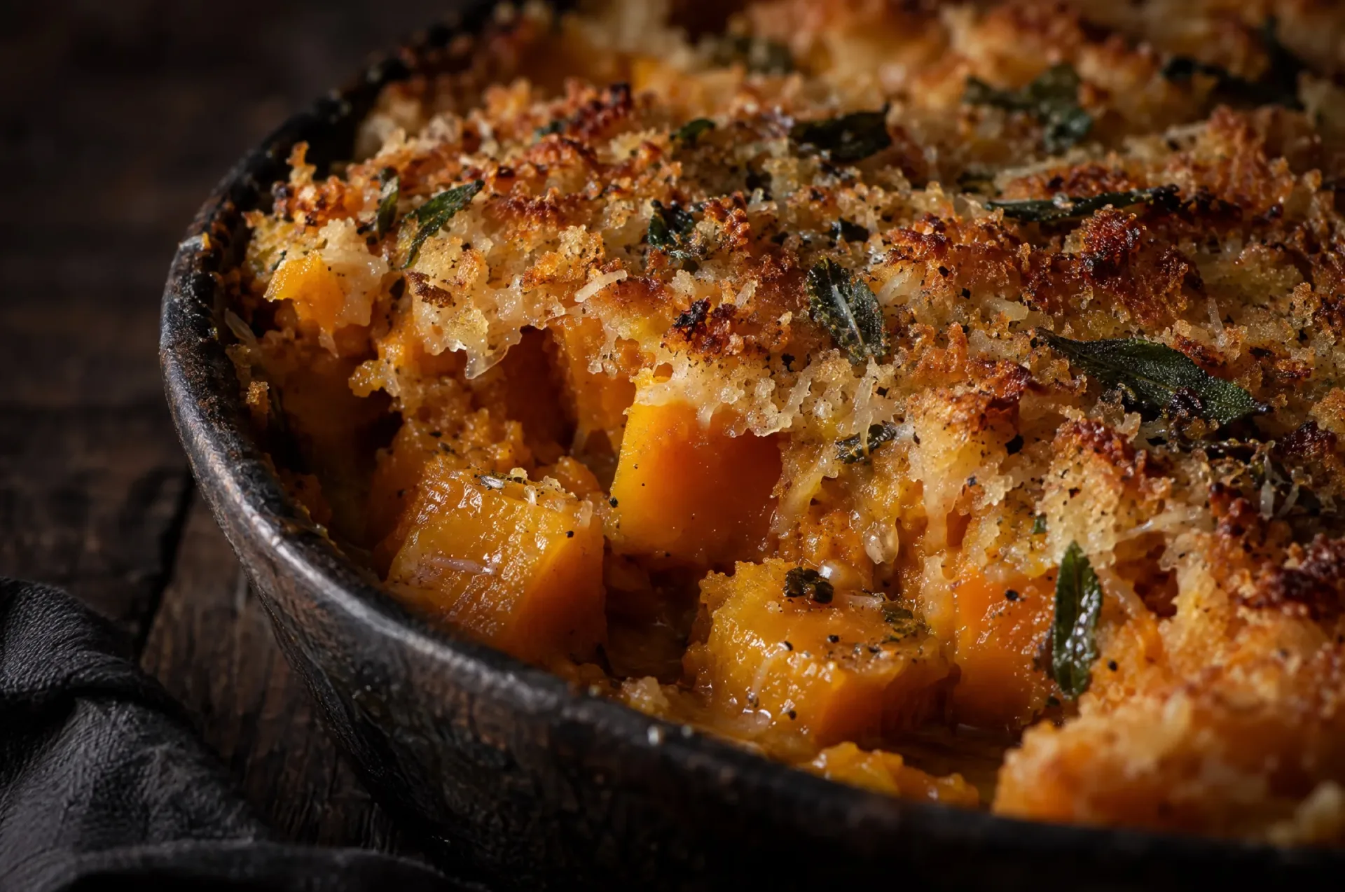 Close-up van pompoengratin: goudbruin korstje van broodkruim, Parmigiano en salie op glanzende blokjes butternut