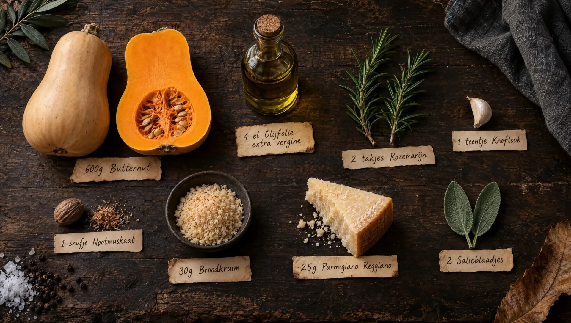 Ingrediënten voor pompoengratin: butternut, rozemarijn, salie, knoflook, broodkruim, Parmigiano Reggiano en olijfolie