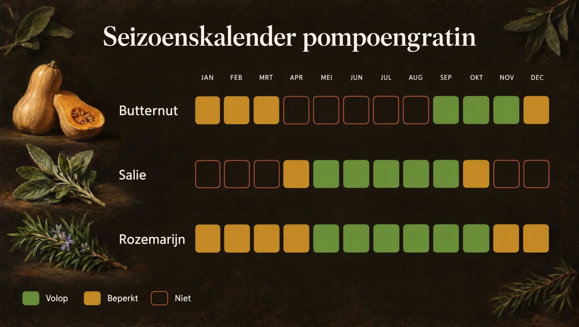 Seizoenskalender voor pompoengratin: wanneer butternut, salie en rozemarijn volop, beperkt of niet te krijgen zijn
