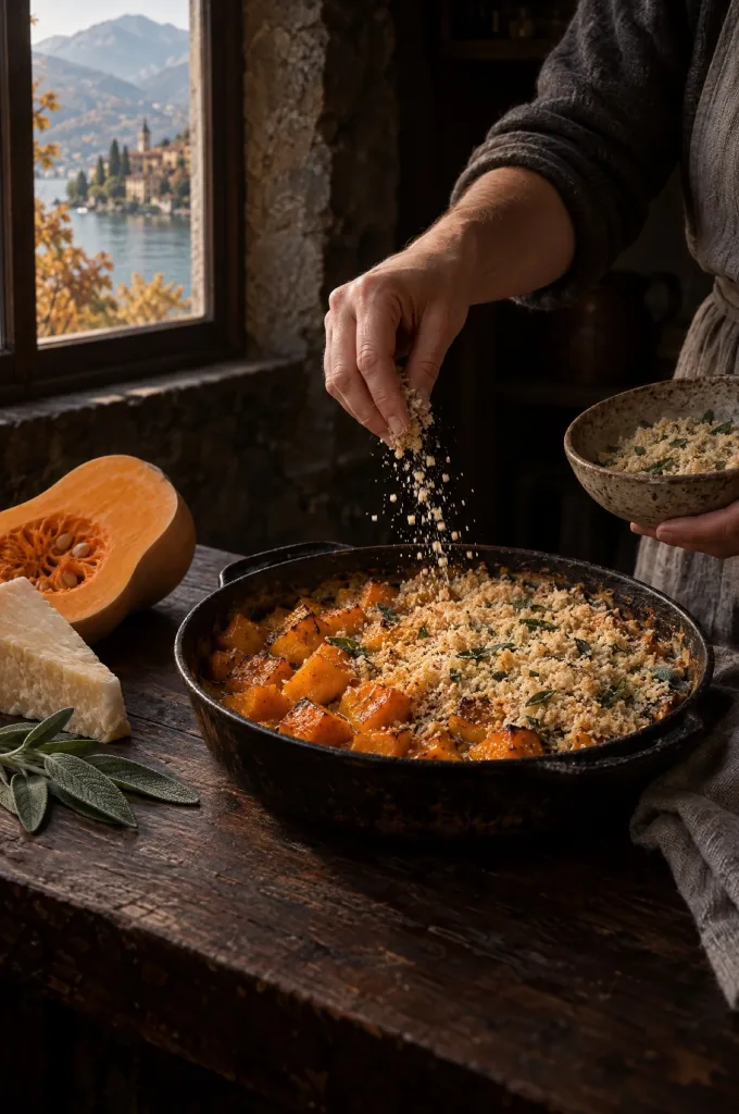 Handen strooien broodkruim, Parmigiano en salie over pompoengratin in een donkere keuken bij een Lombardisch meer
