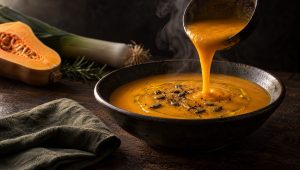 Pompoensoep met prei in een diep bord met pompoenpitten en olijfolie, ernaast een flespompoen, prei en rozemarijn