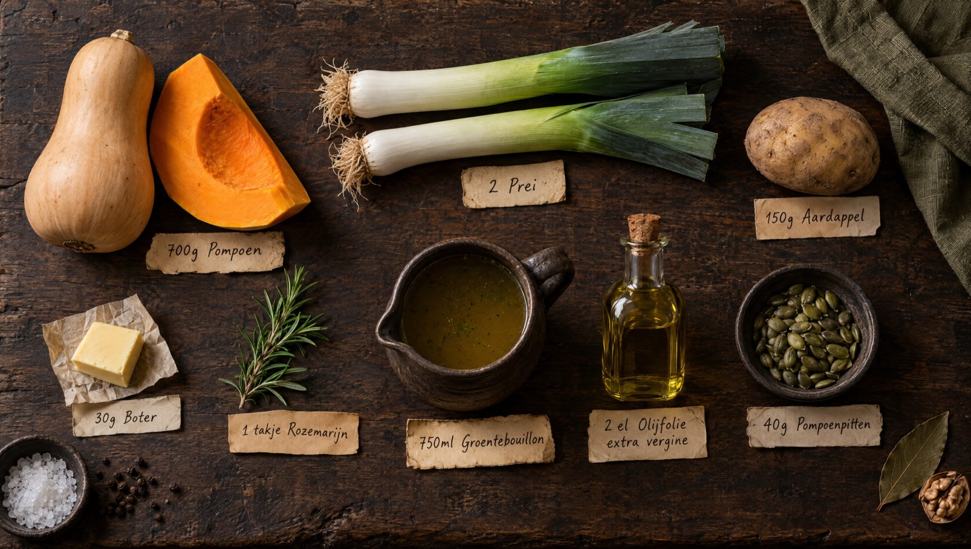 Ingrediënten voor pompoensoep met prei: flespompoen, twee preien, aardappel, boter, rozemarijn, pompoenpitten en olijfolie