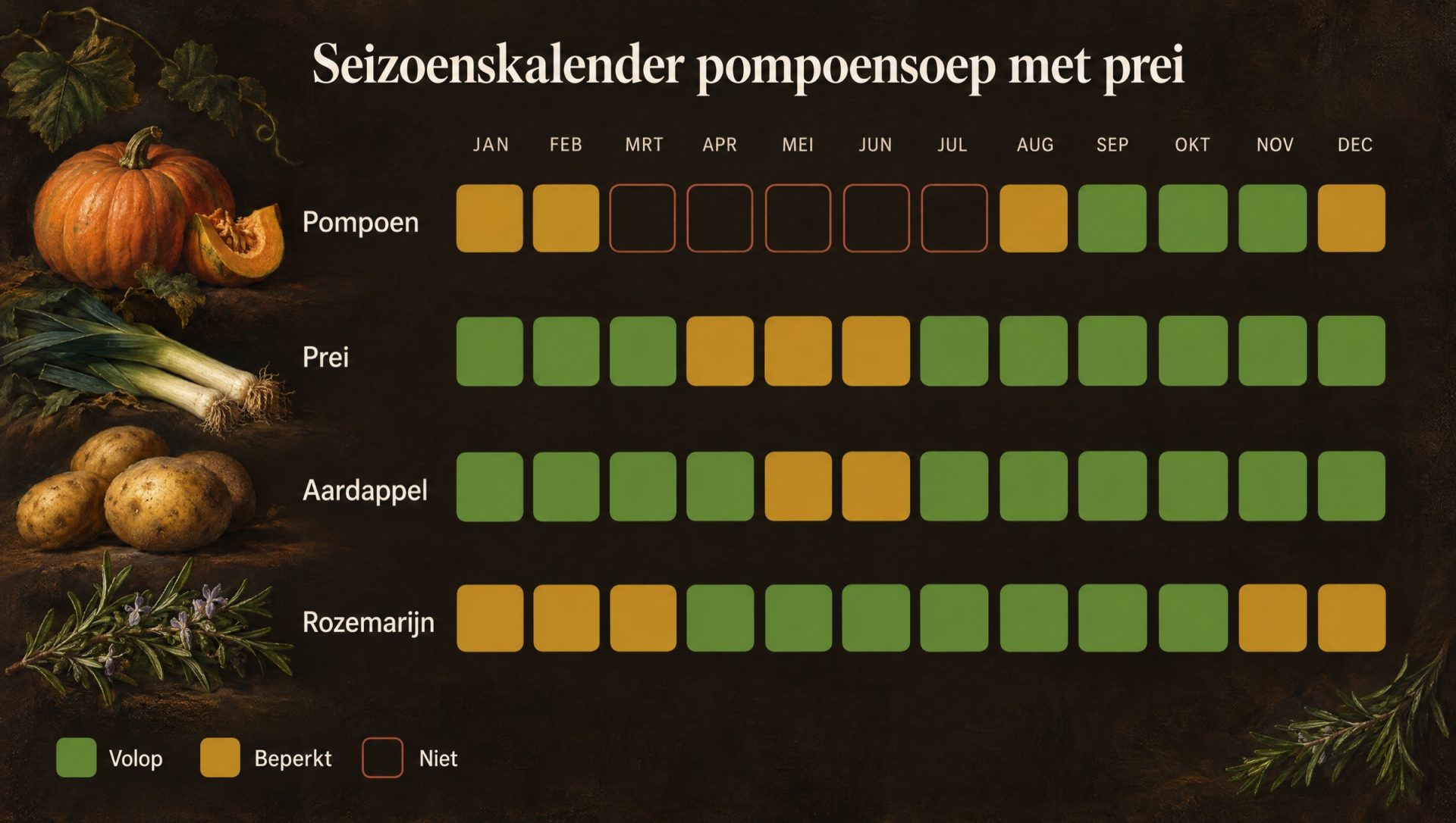 Seizoenskalender voor pompoensoep met prei: pompoen, prei, aardappel en rozemarijn
