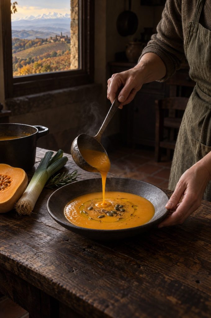 Handen van de kok schenken pompoensoep met prei in een diep bord in een donkere keuken, door het raam de Langhe