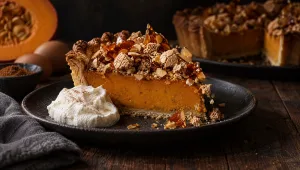 Punt pompoentaart met amaretti en praline op een donker bord in de herfst, met slagroom, halve pompoen, eieren en kaneel