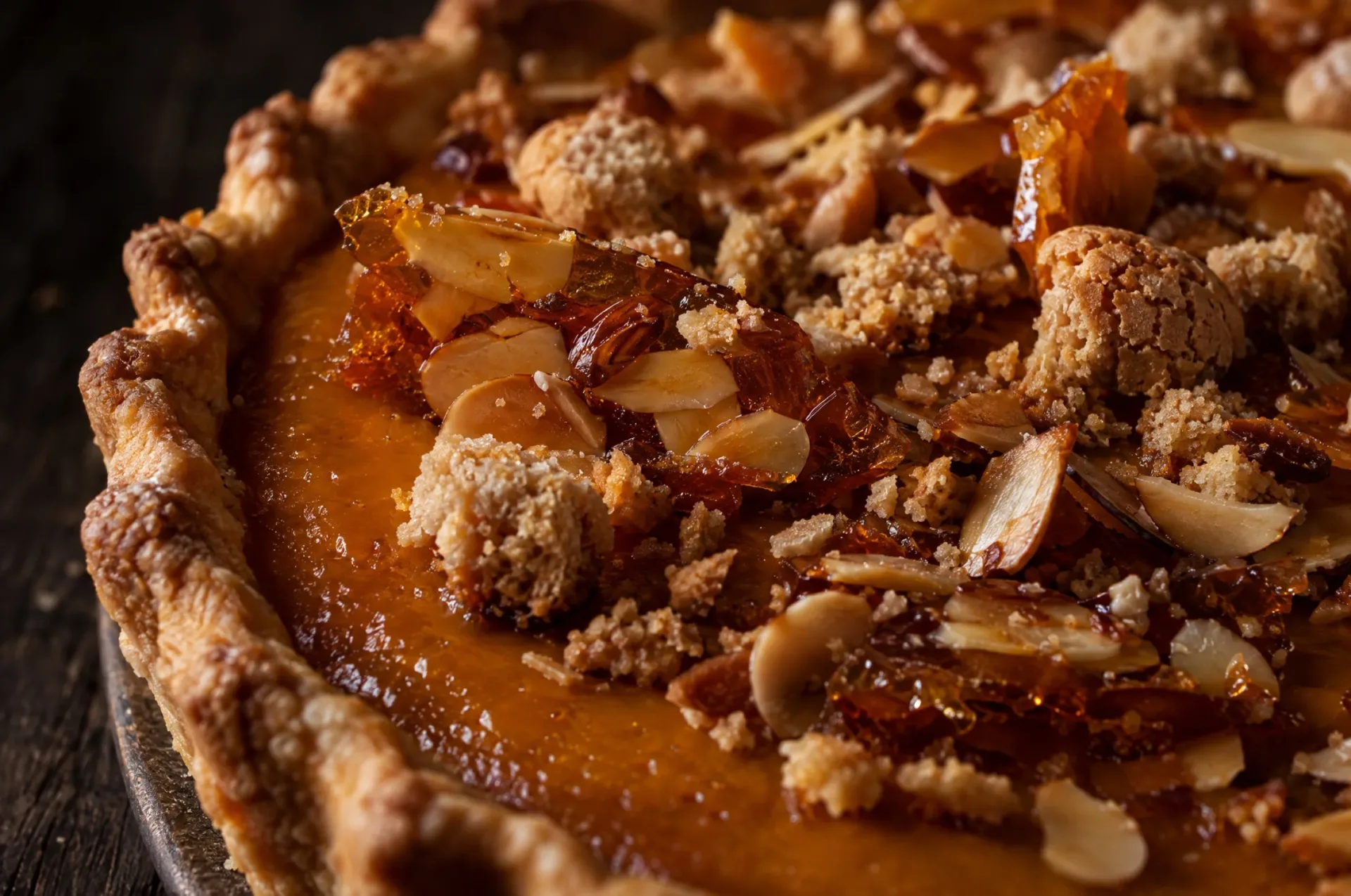 Close-up van pompoentaart met amaretti: glanzende stukjes amandelpraline en verkruimelde amaretti op de oranje vulling