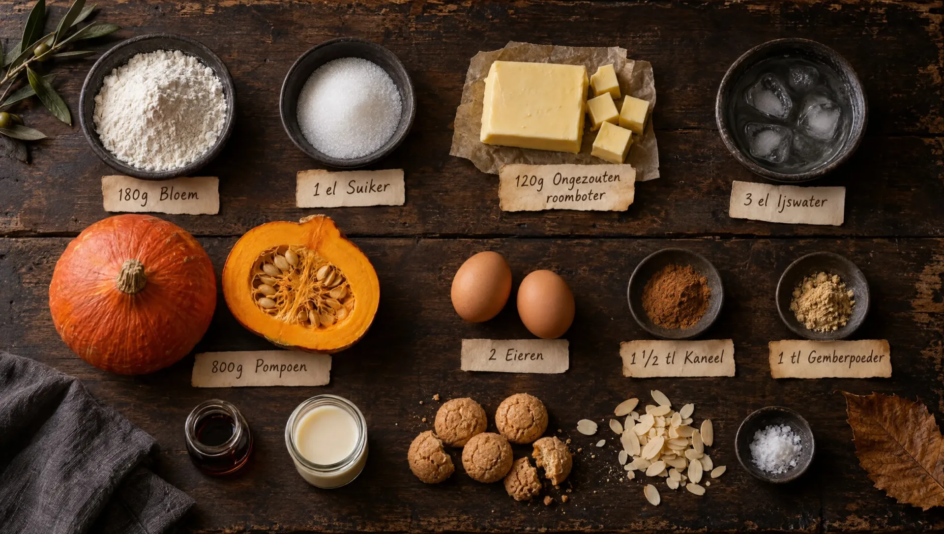 Ingrediënten voor pompoentaart met amaretti: pompoen, bloem, boter, eieren, koffiemelk, amaretti, amandelen en kaneel
