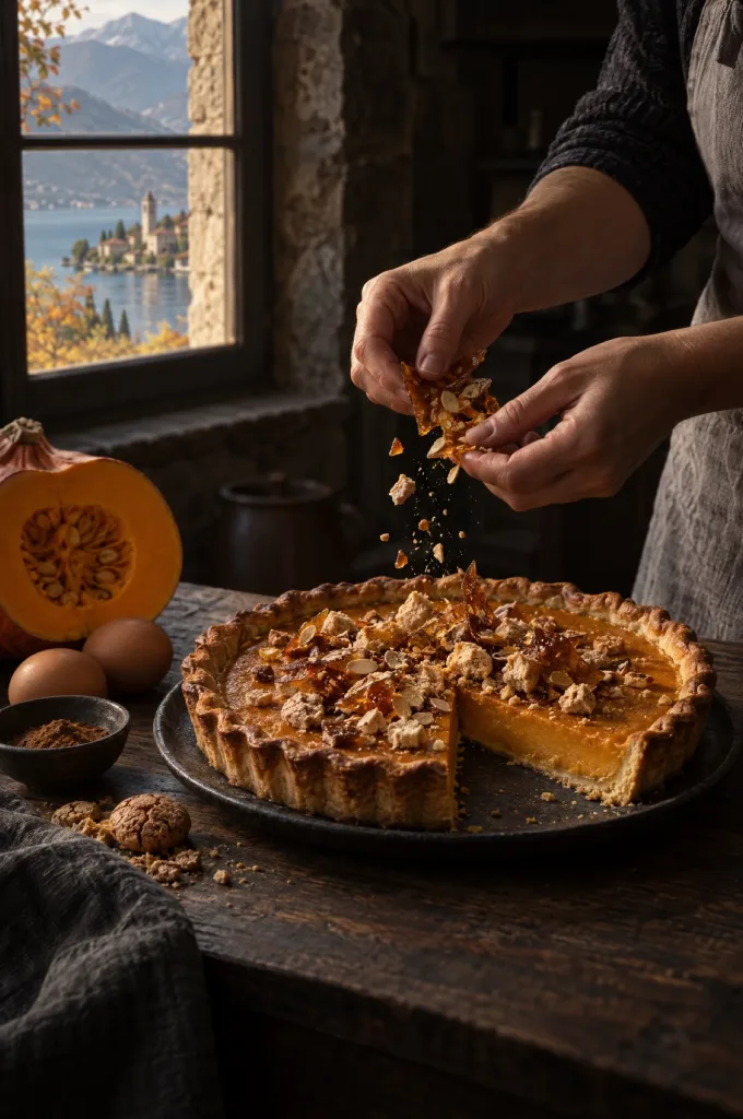 Handen van de kok breken praline boven pompoentaart met amaretti bij het raam van een donkere keuken met zicht op een meer