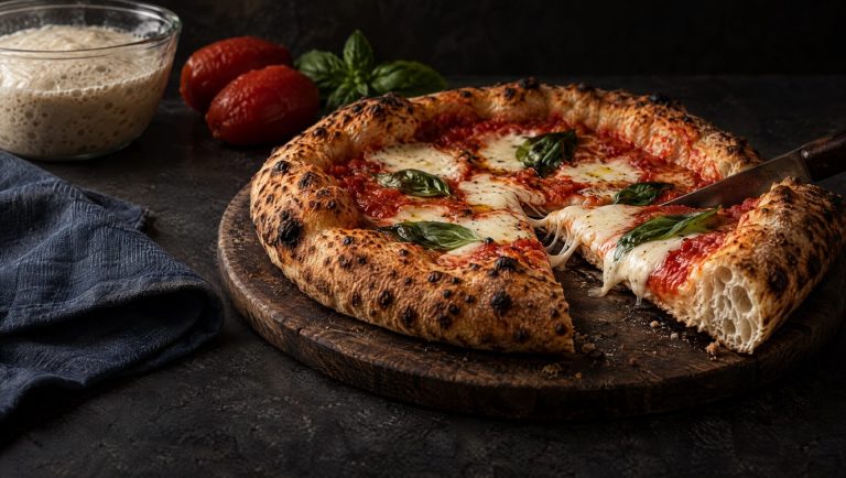 Aangesneden pizza met poolish op een houten plank, met gepelde tomaten, basilicum en een kom voordeeg