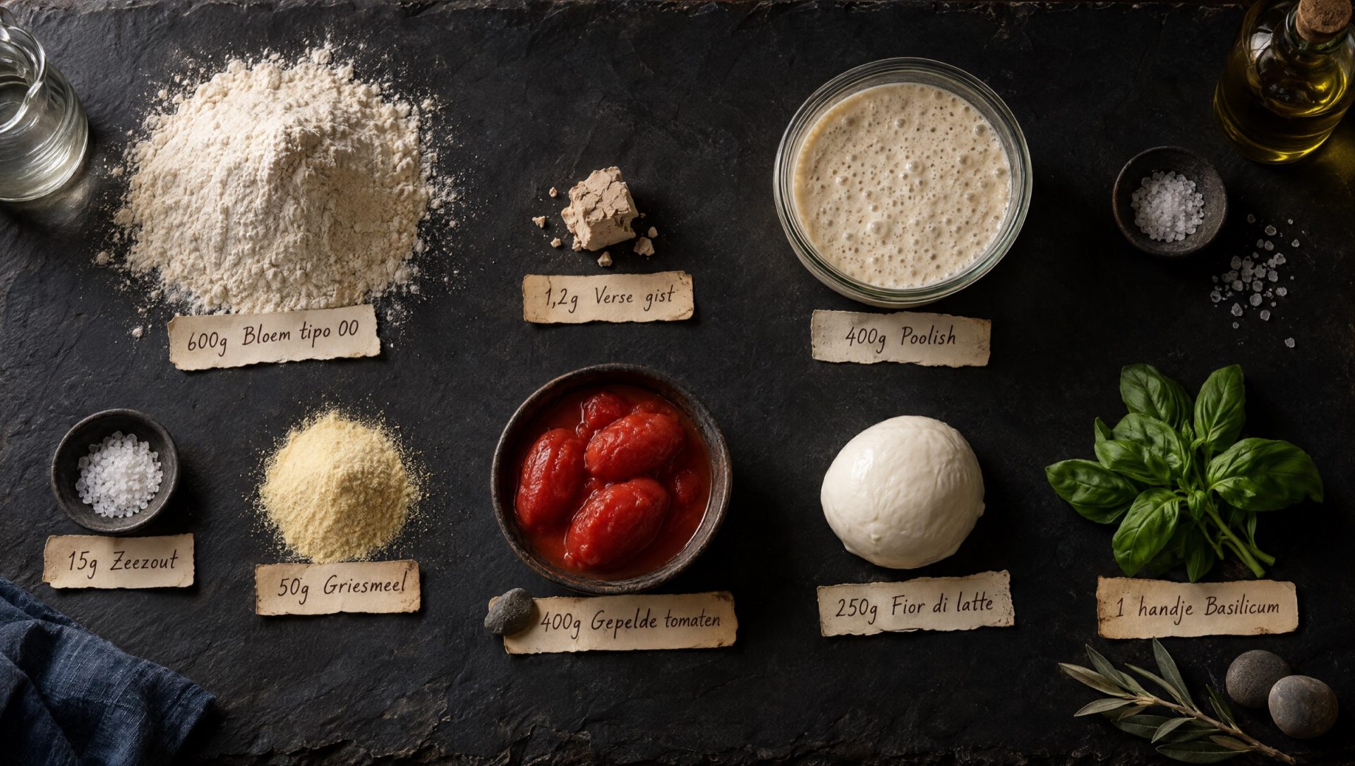 Ingrediënten voor pizza met poolish: bloem tipo 00, verse gist, zeezout, gepelde tomaten, fior di latte en basilicum