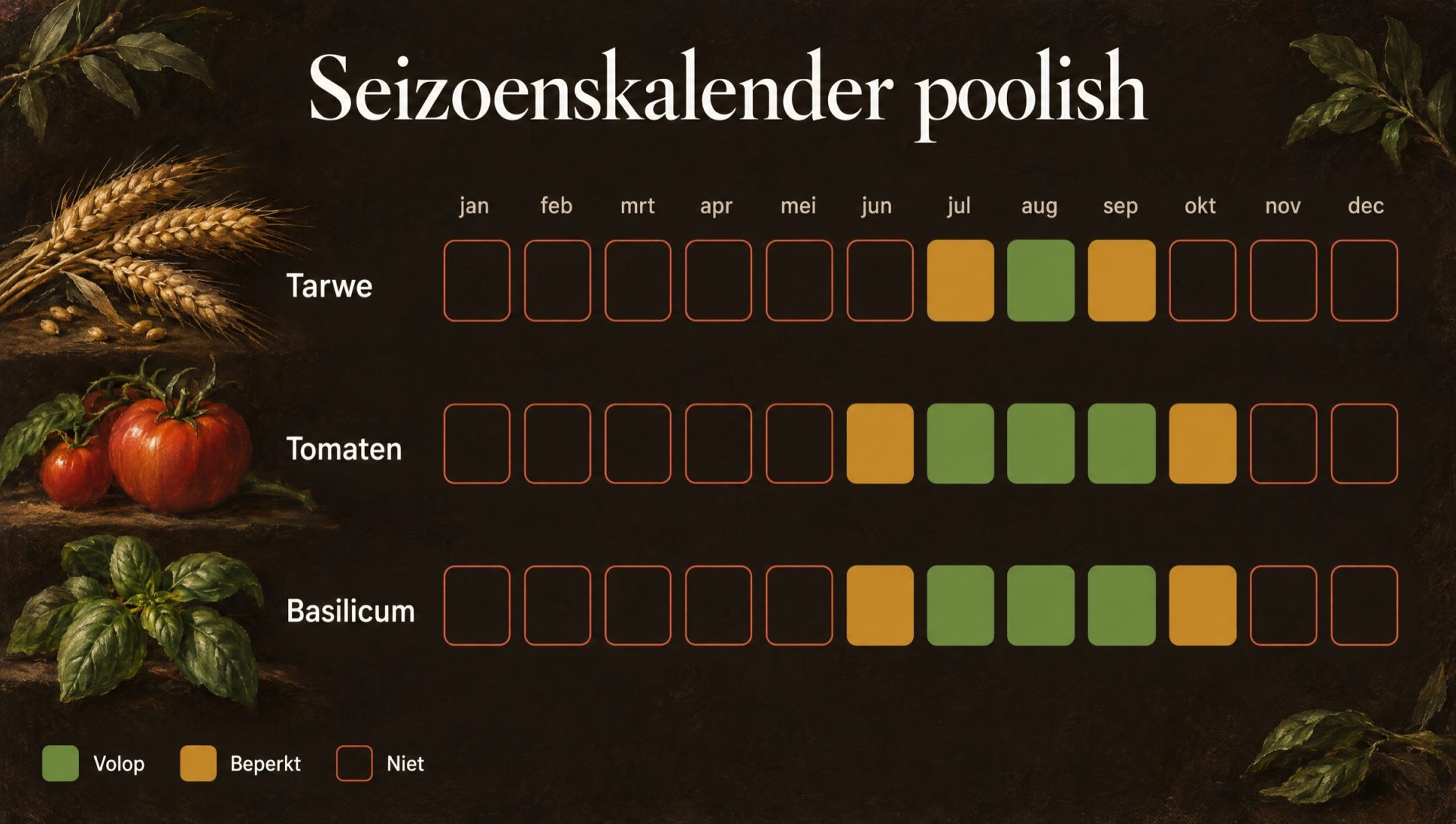 Seizoenskalender voor pizza met poolish: tarwe, tomaten en basilicum
