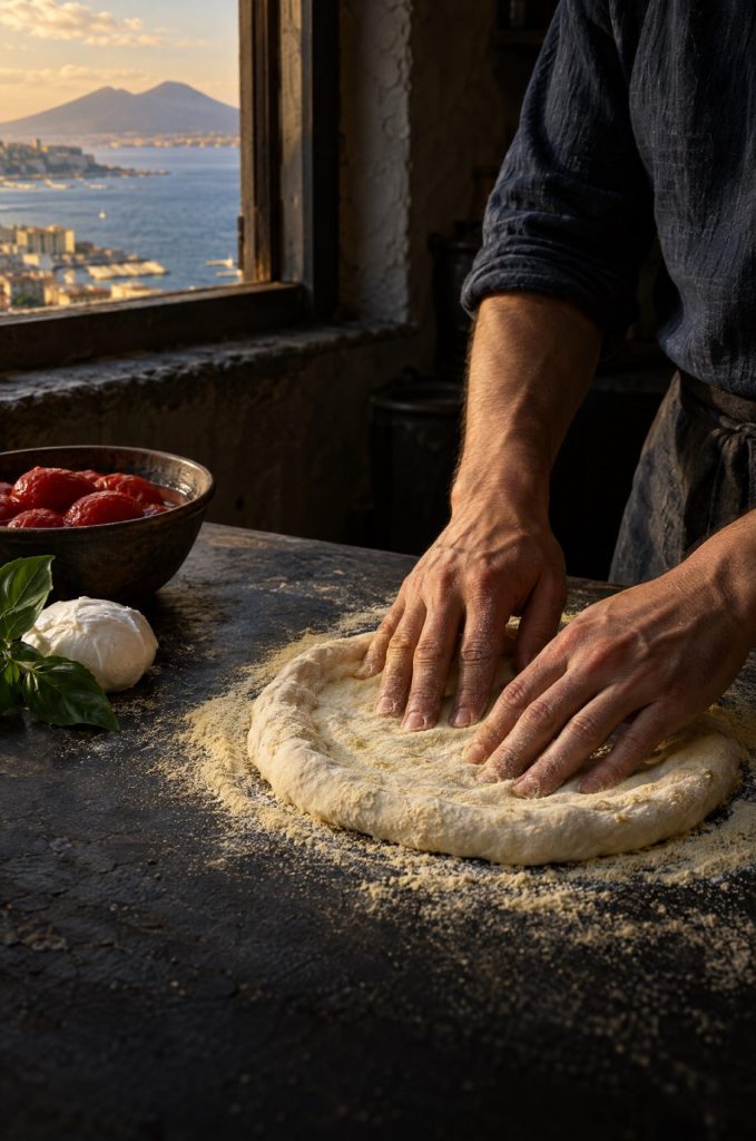 Handen die pizza met poolish uitduwen op griesmeel in een donkere keuken, met uitzicht op de Golf van Napels