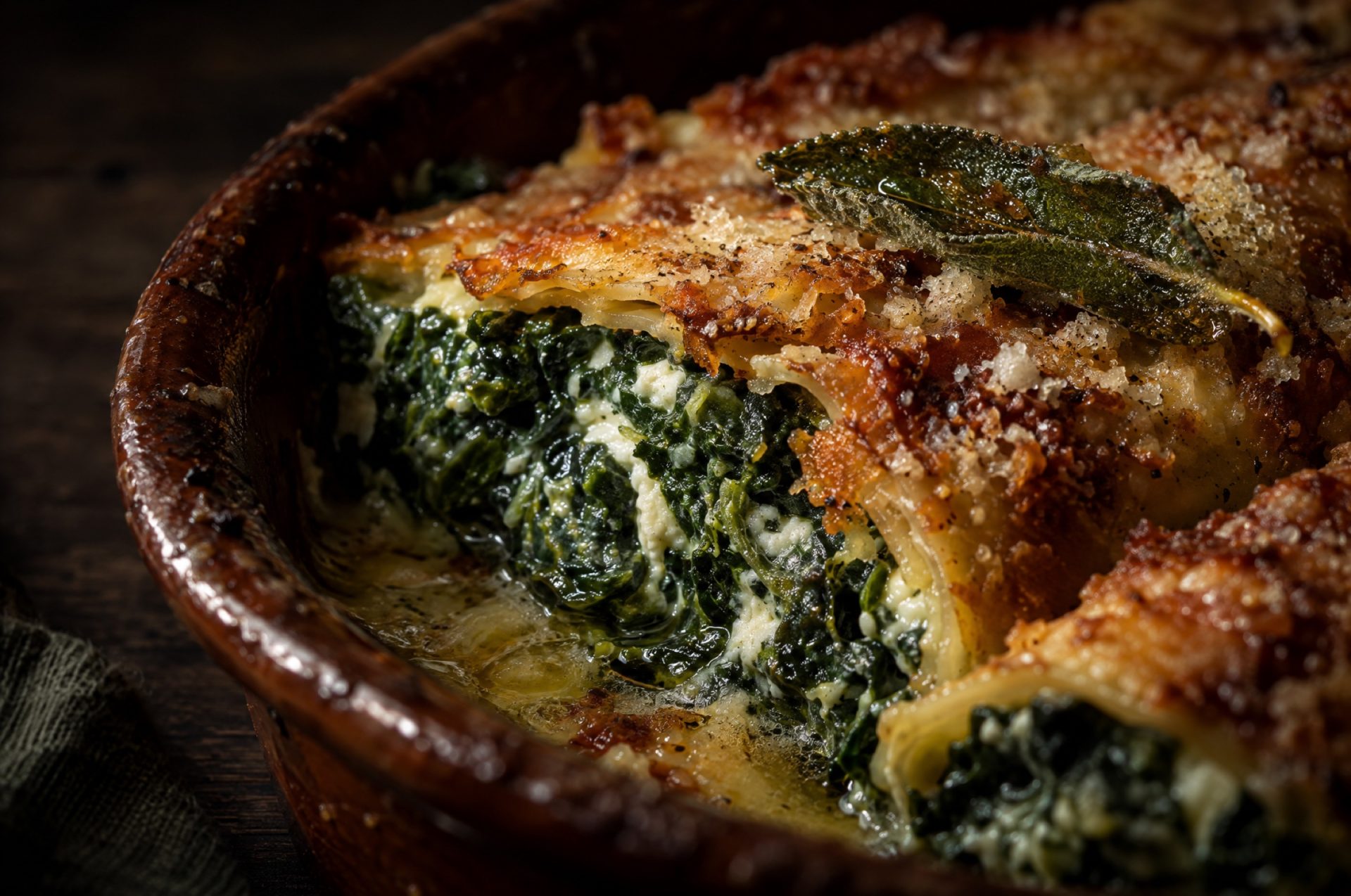 Detail van rabaton uit de oven: groene doorsnede met witte ricotta onder een goudbruine korst van Parmigiano