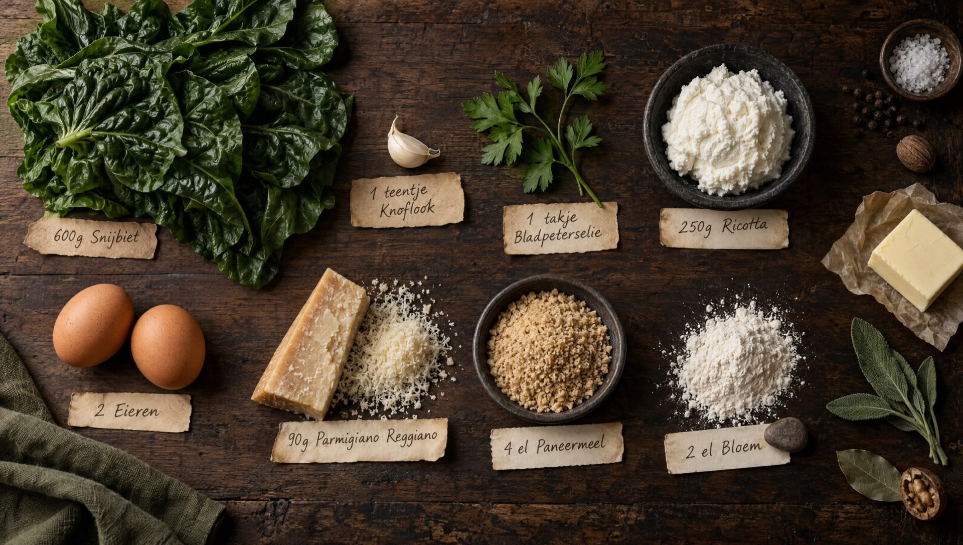 Ingrediënten voor rabaton: snijbiet, ricotta, eieren, Parmigiano, paneermeel, peterselie, knoflook, boter en salie