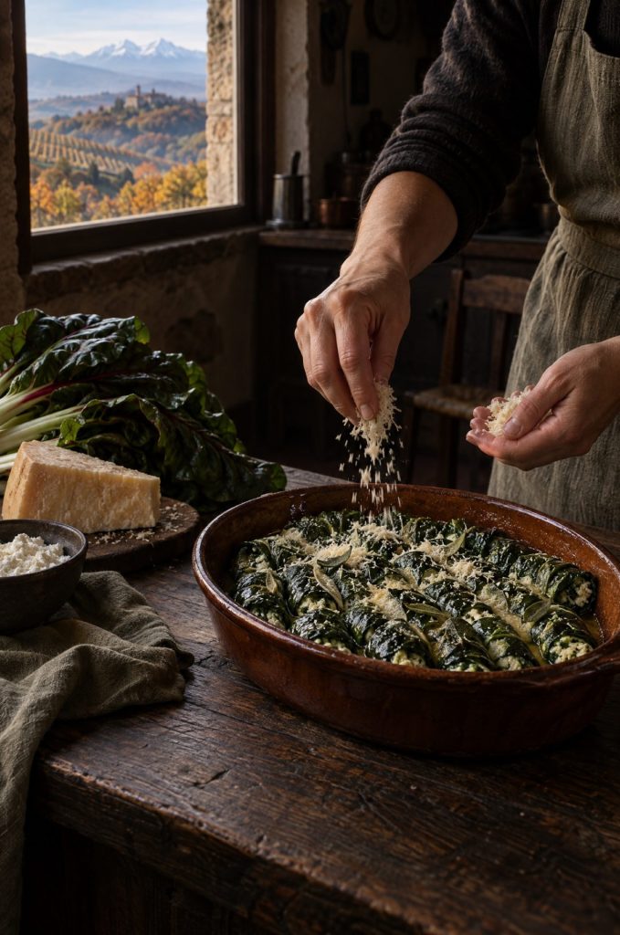 Handen van de kok strooien Parmigiano over rabaton in een donkere keuken bij het raam, met uitzicht op de Piemontese heuvels