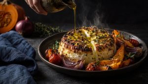 Ricotta uit de oven met goudbruine korst op tafel op Sicilië, met rauwe pompoen, rode ui en verse tijm ernaast