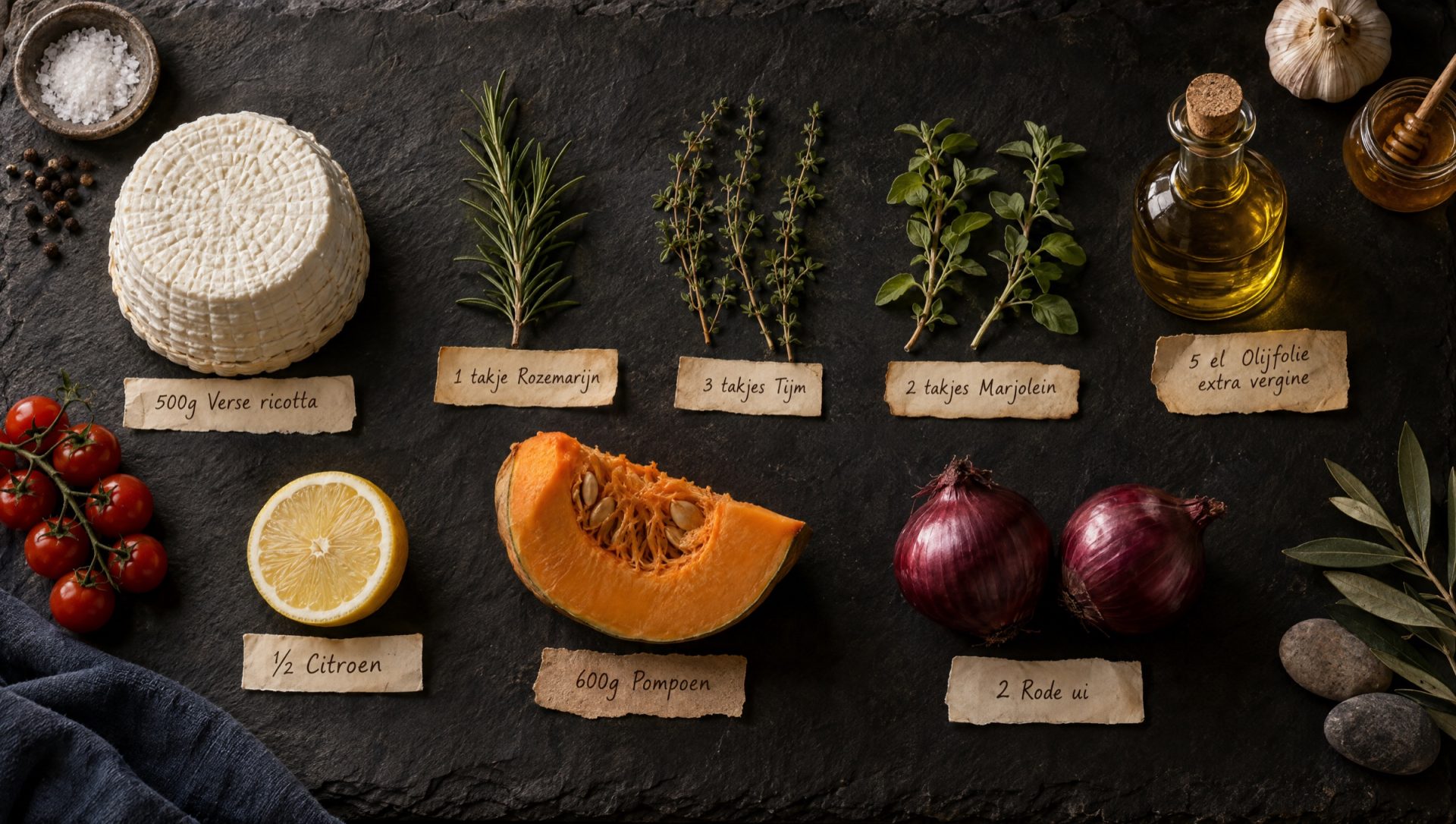 Ingrediënten voor ricotta uit de oven: verse ricotta, rozemarijn, tijm, marjolein, citroen, pompoen, rode ui en cherrytomaten
