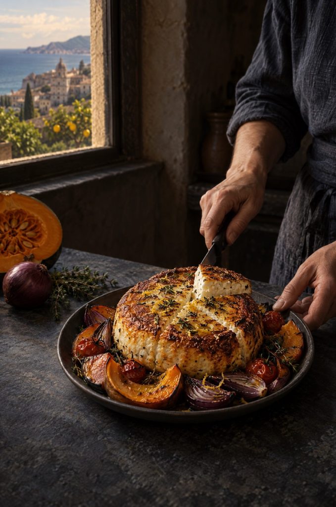 Handen van de kok snijden ricotta uit de oven aan in een donkere keuken bij het raam, met uitzicht op de Siciliaanse kust