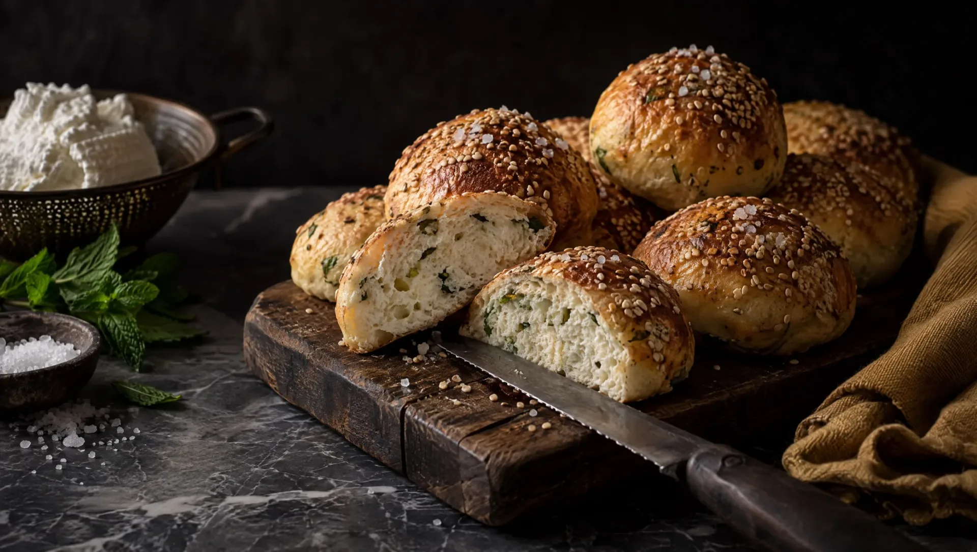 Ricottabroodjes met munt en sesam op een houten plank op donker marmer, met schapenricotta in een zeef en verse munt