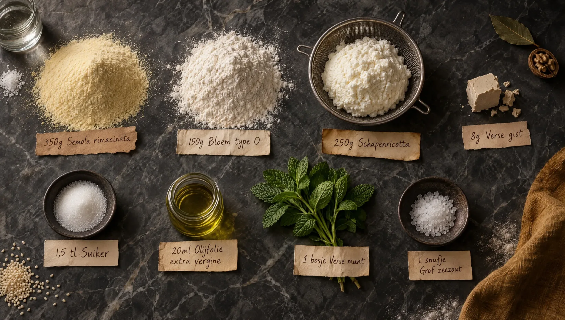 Ingrediënten voor ricottabroodjes: semola, bloem, schapenricotta in een zeef, verse munt, gist, olijfolie en sesamzaad