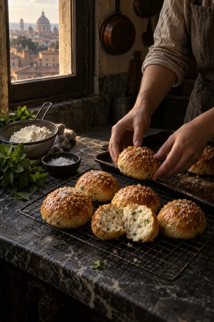 Handen van de kok leggen ricottabroodjes op een rooster in een donkere keuken bij het raam, met uitzicht op de daken van Rome