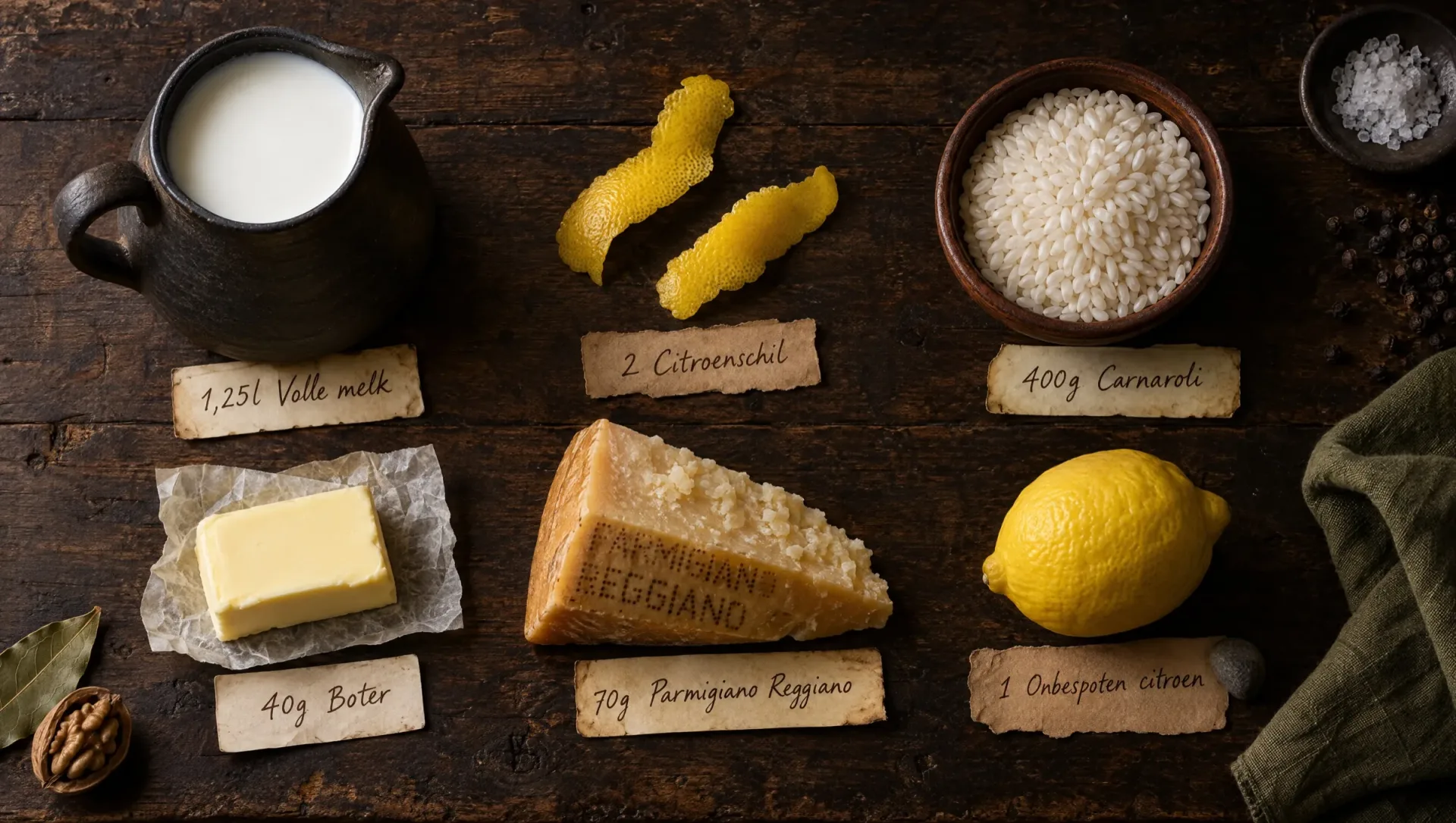 Ingrediënten voor riso al latte: Carnaroli, een kan volle melk, citroen, Parmigiano Reggiano, boter en zwarte peperkorrels