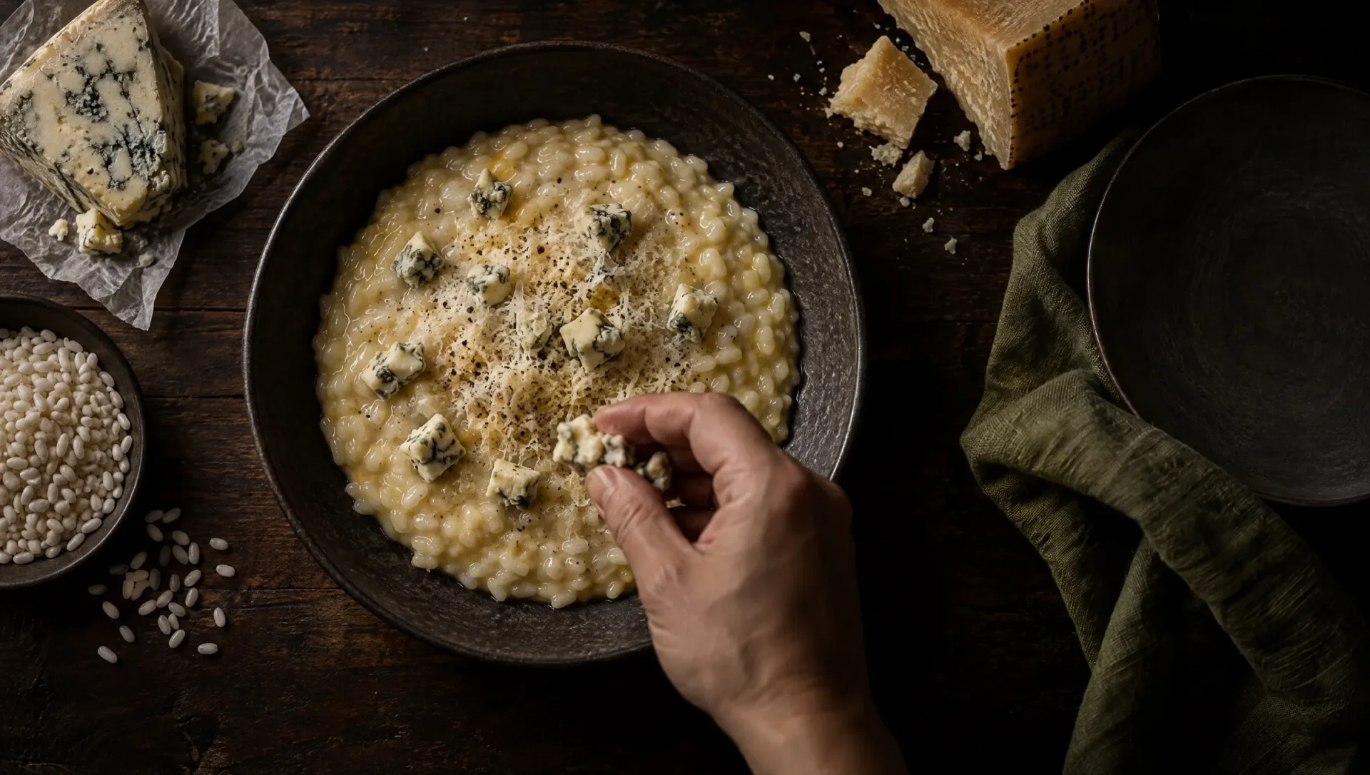 Risotto ai quattro formaggi van bovenaf, een hand strooit blokjes gorgonzola, met Parmigiano en Carnaroli ernaast
