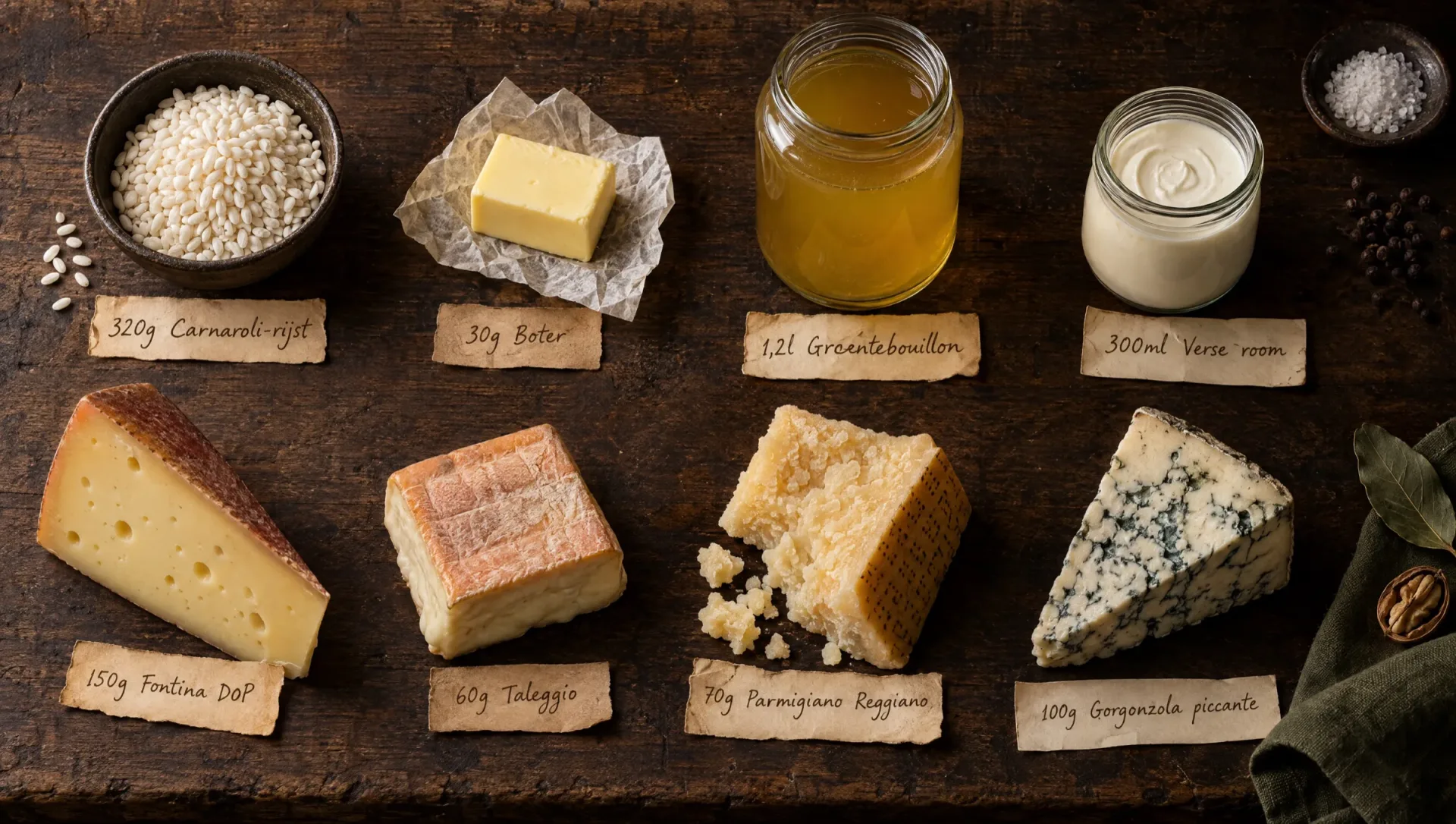 Ingrediënten voor risotto ai quattro formaggi: Carnaroli, fontina, taleggio, gorgonzola, Parmigiano, room en boter