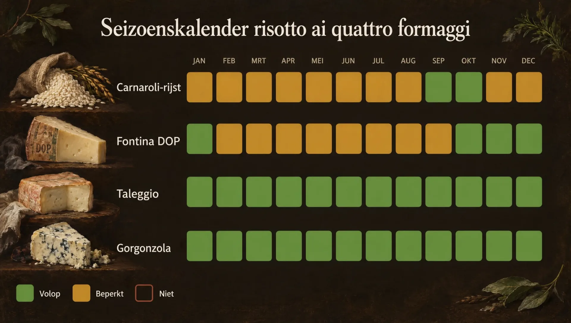 Seizoenskalender voor risotto ai quattro formaggi: rijstoogst in september en oktober, rijpe fontina van herfst tot winter
