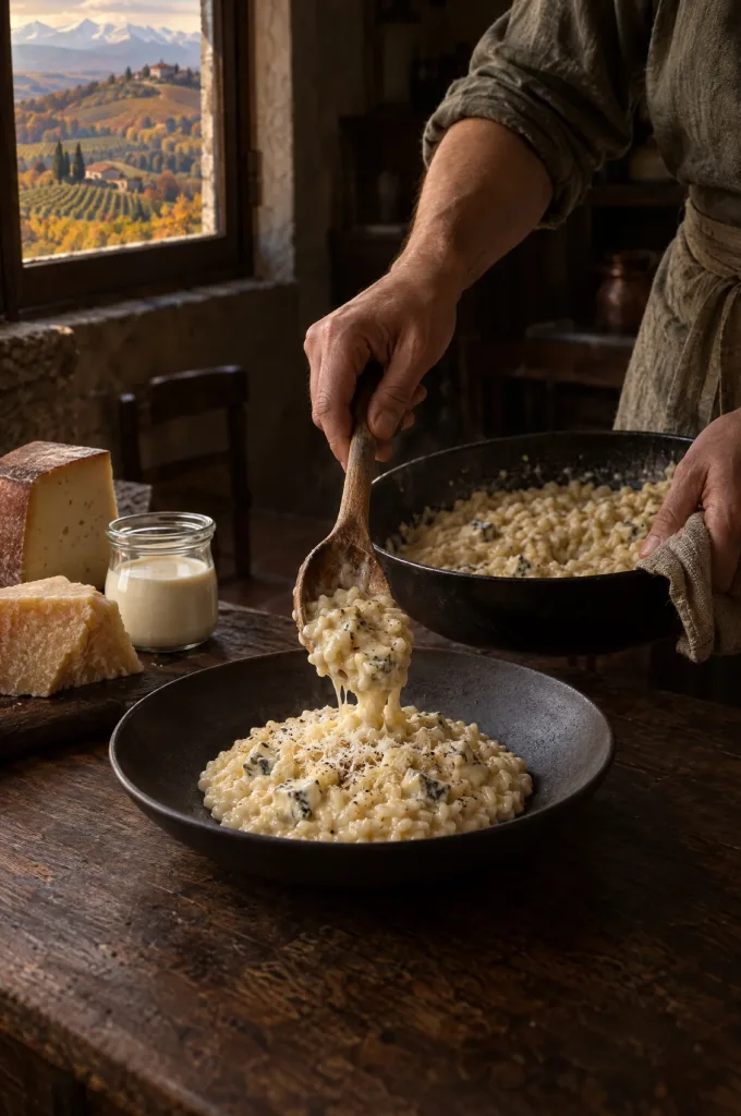 Handen van de kok scheppen risotto ai quattro formaggi op in een donkere keuken, met de heuvels van Piemonte achter het raam