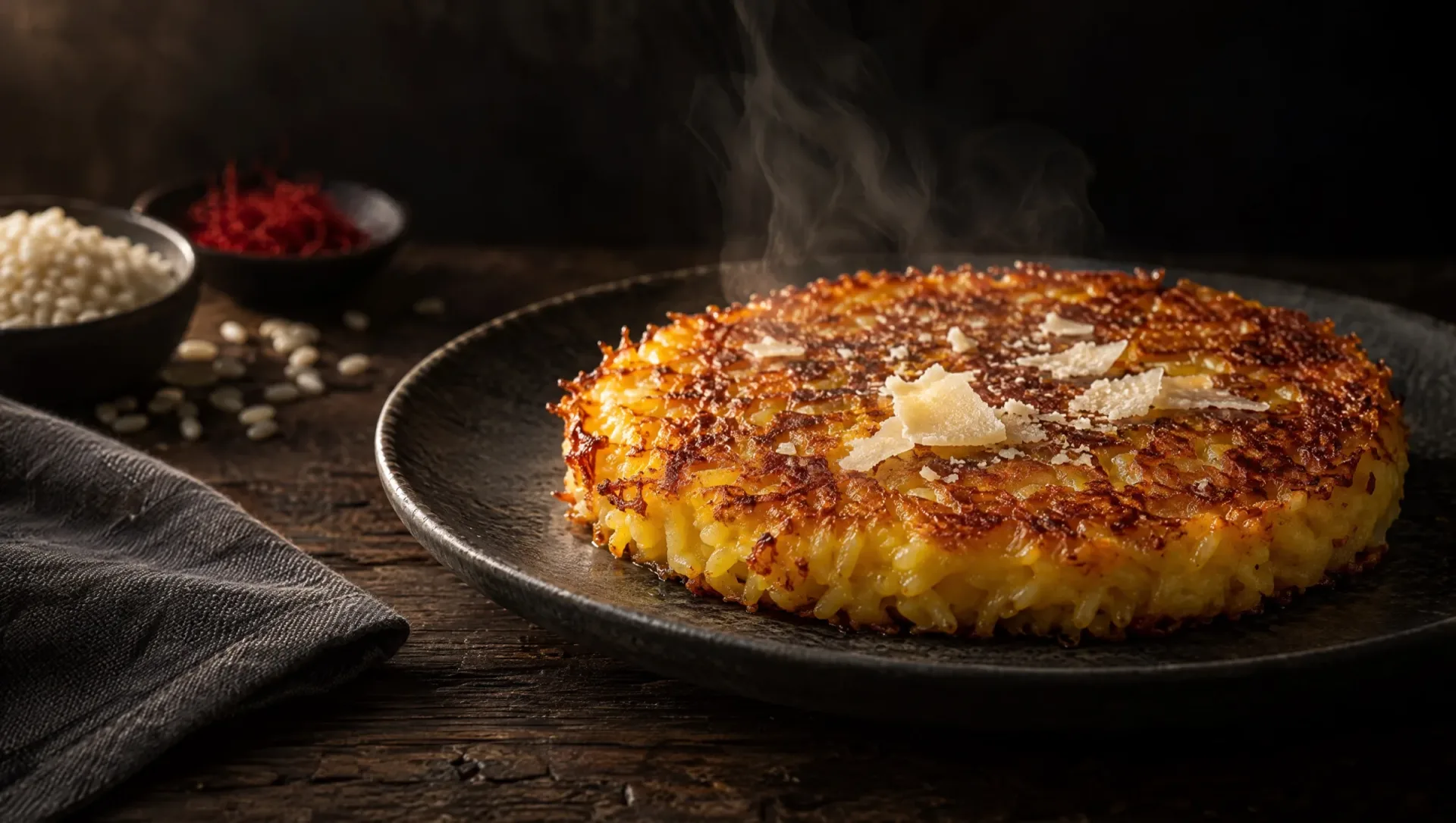 Goudbruine risotto al salto met krokante korst en Parmigiano op een donkere tafel, met Carnaroli-rijst en saffraandraadjes
