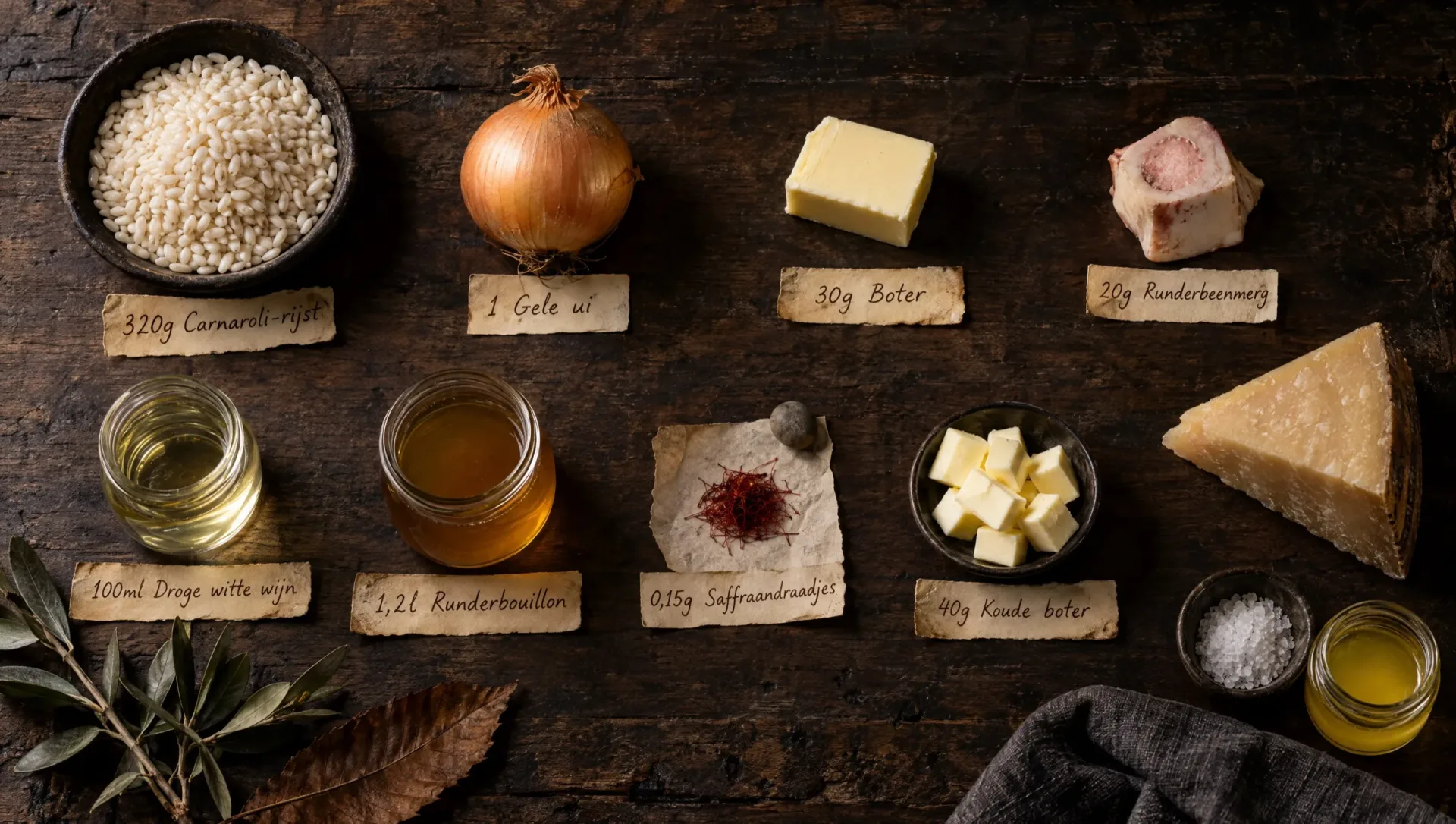 Ingrediënten voor risotto al salto: Carnaroli-rijst, saffraandraadjes, ui, boter, geklaarde boter, Parmigiano en bouillon