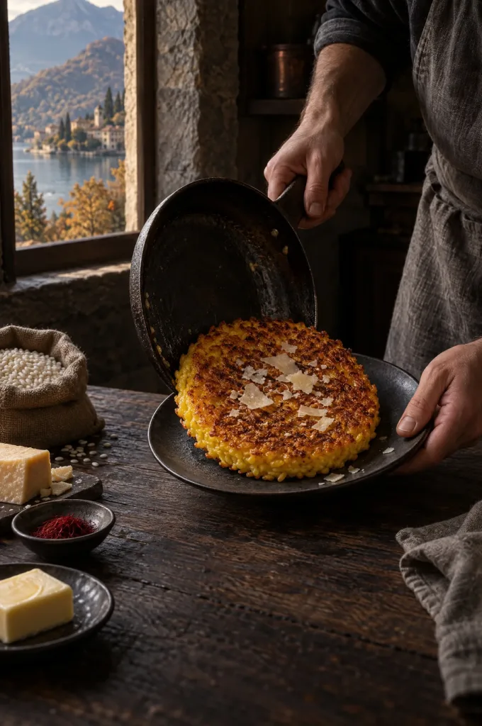 Handen van de kok keren risotto al salto via een bord in een donkere keuken bij het raam, uitzicht op een Lombardisch meer