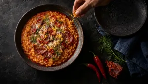 Risotto indiavolato met 'nduja en salami op een Calabrische tafel, met wilde venkel, sinaasappel en rode peperoncino