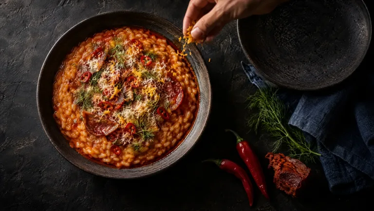 Risotto indiavolato met 'nduja en salami op een Calabrische tafel, met wilde venkel, sinaasappel en rode peperoncino